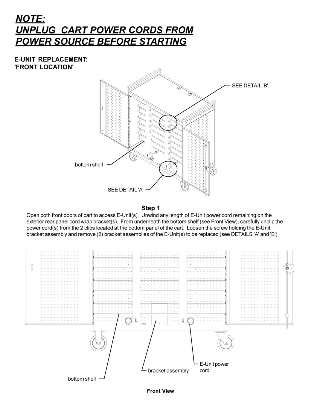 Bretford LAP30EBA manual Unit Replacement Front Location 