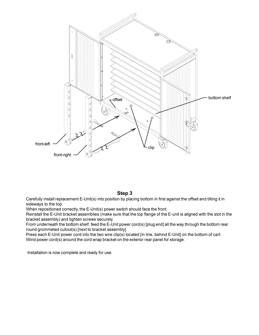 Bretford LAP30EBA manual Offset Front-left Clip Front-right Bottom shelf 