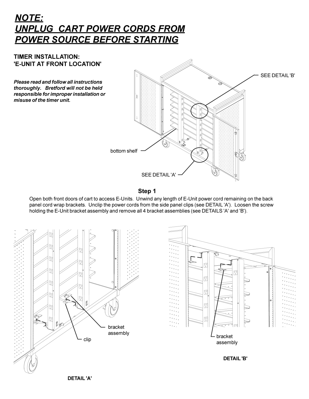 Bretford LAP30EBA manual Timer Installation E-UNIT AT Front Location 