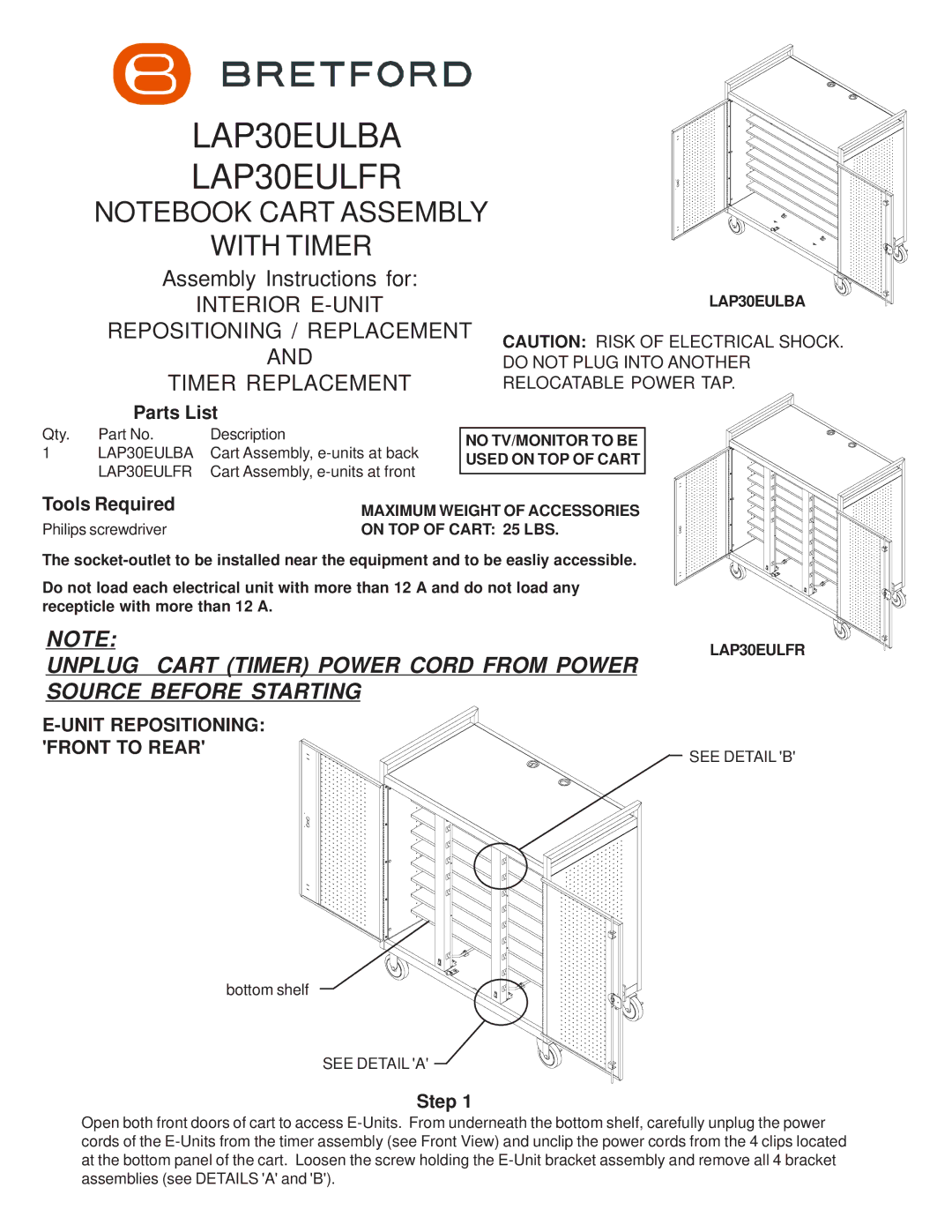 Bretford manual LAP30EULBA LAP30EULFR, Unit Repositioning Front to Rear 