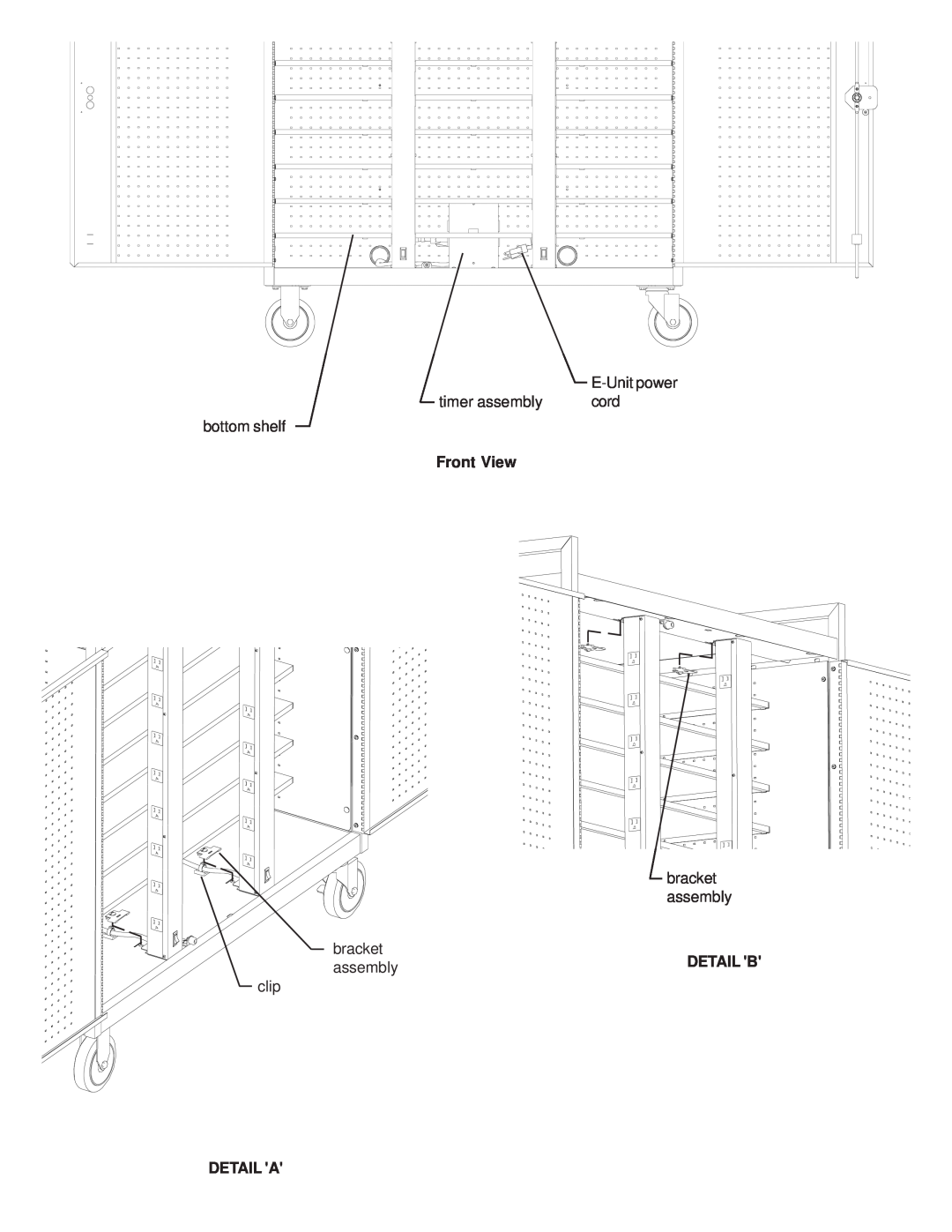 Bretford LAP30EULBA manual E-Unitpower, timer assembly, cord, bottom shelf, Front View, bracket assembly, clip, Detail A 