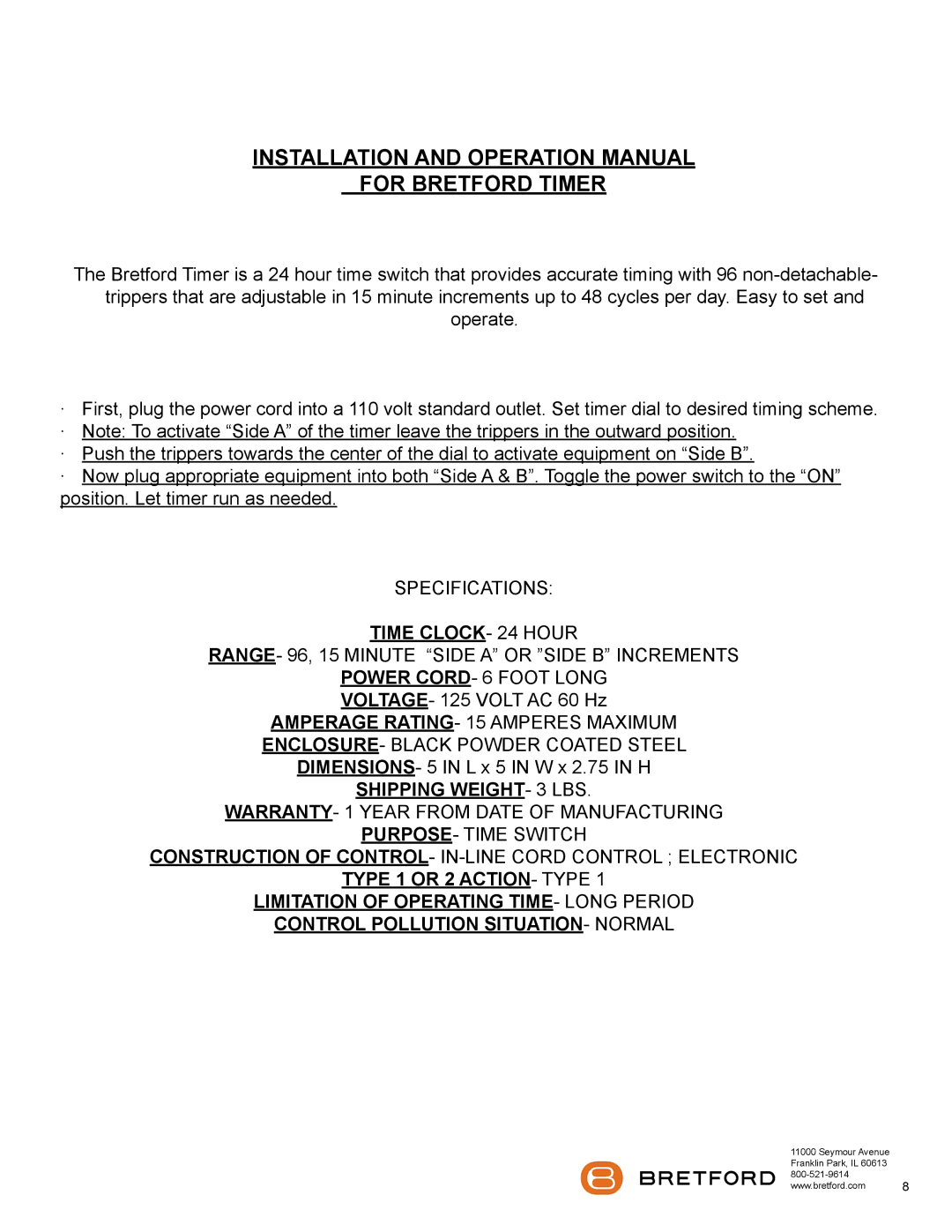 Bretford TL473LL/A manual For Bretford Timer 