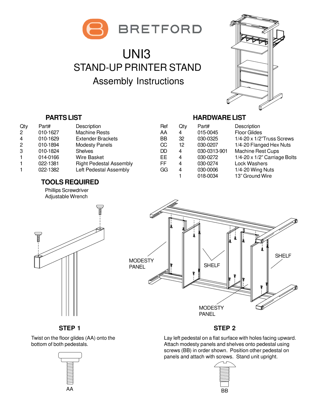 Bretford UNI-3 manual UNI3, STAND-UP Printer Stand, Assembly Instructions, Parts List Hardware List, Tools Required 