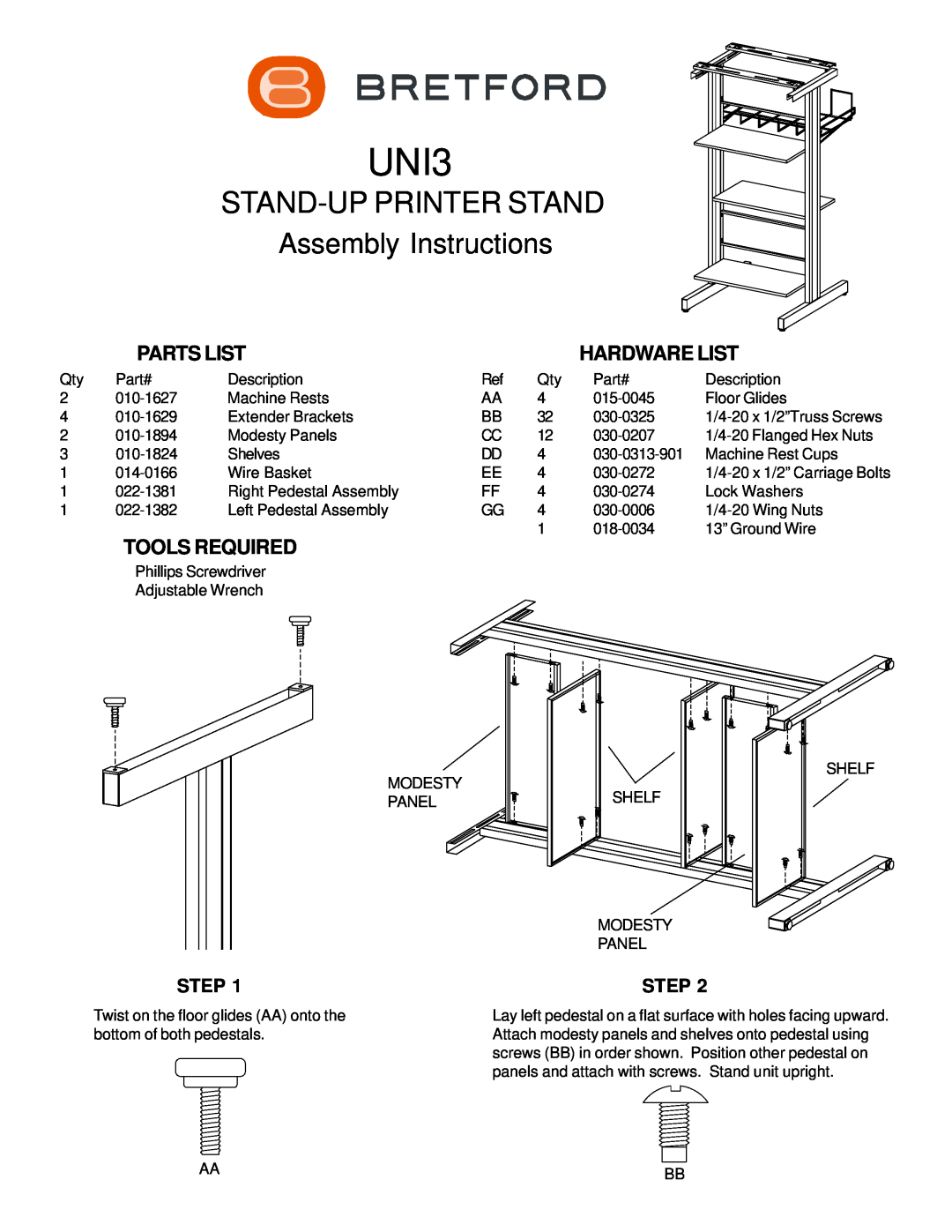 Bretford UNI-3 manual Step, UNI3, Stand-Upprinter Stand, Assembly Instructions, Parts List, Hardware List, Tools Required 