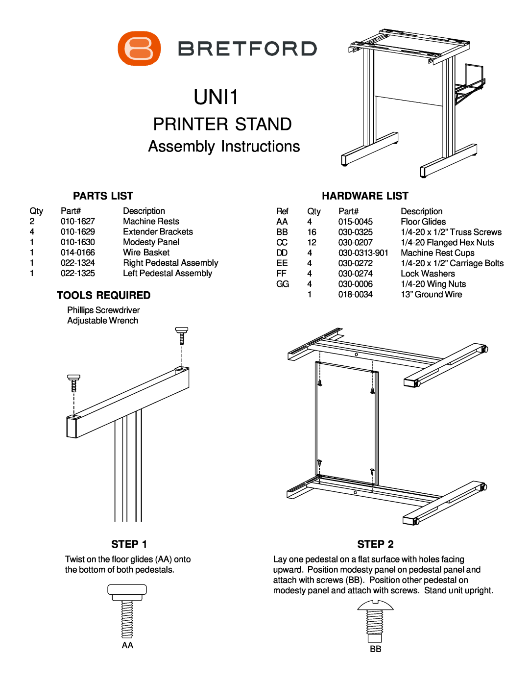 Bretford UNI1 manual Parts List, Hardware List, Tools Required, Step, Printer Stand, Assembly Instructions 