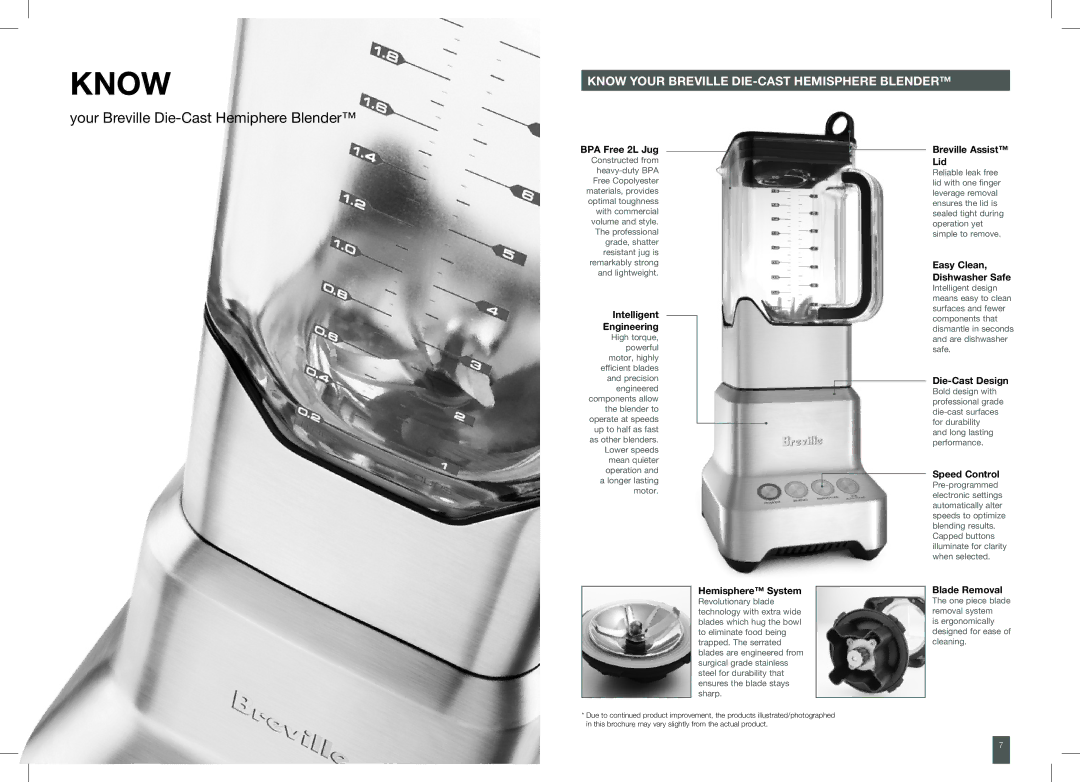 Breville 800BLXL /B manual Know Your Breville DIE-CAST Hemisphere Blender 