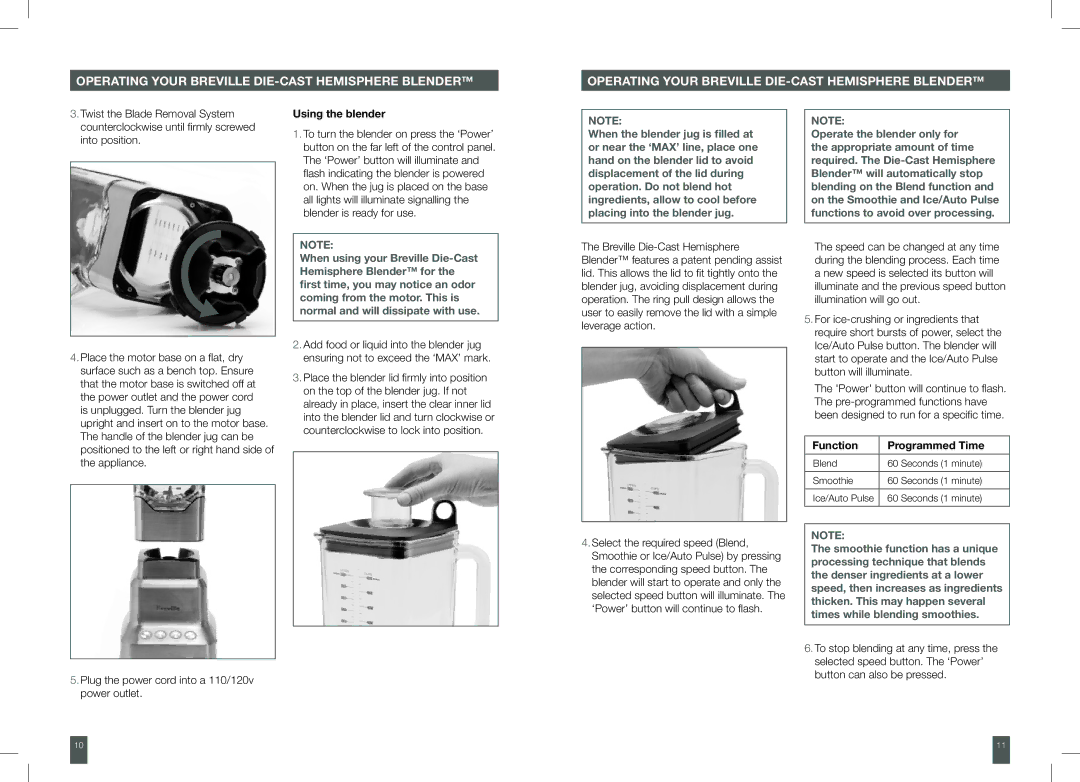 Breville 800BLXL /B manual Using the blender, Function Programmed Time 