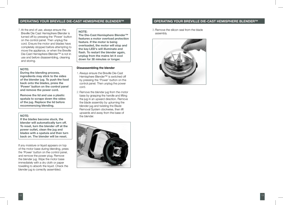 Breville 800BLXL /B manual Dissassembling the blender 