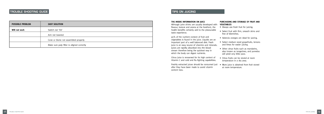 Breville 800CP brochure Trouble Shooting Guide Tips on Juicing, Will not work 