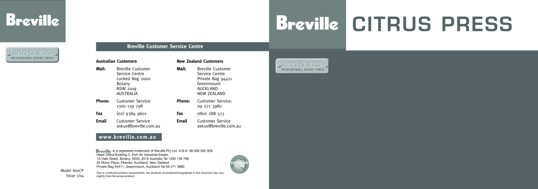 Breville 800CP brochure Citrus Press, Breville Customer Service Centre, Australian Customers, New Zealand Customers, Mail 