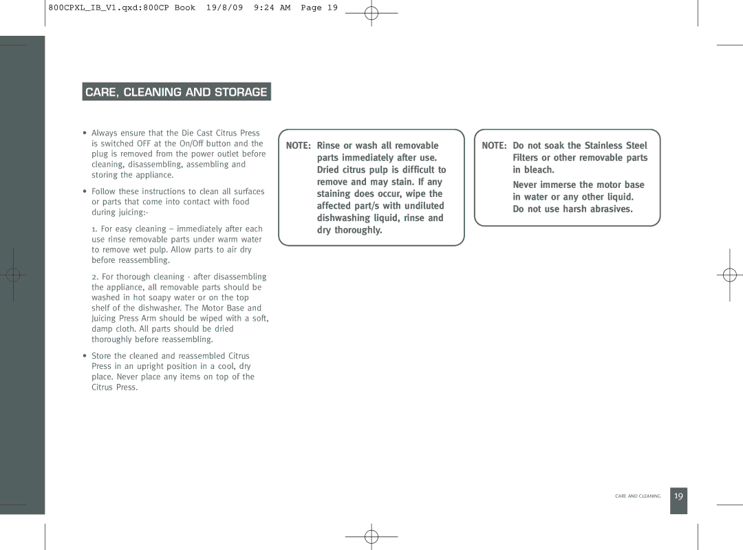 Breville 800CPXL manual CARE, Cleaning and Storage, Remove and may stain. If any 