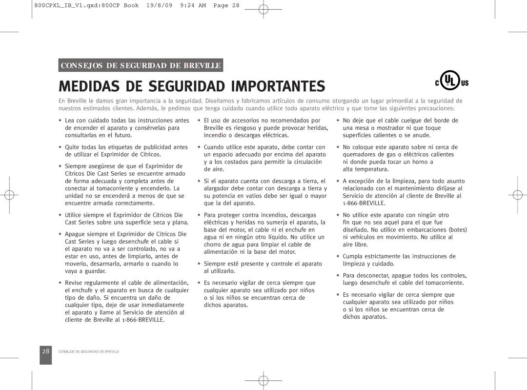 Breville 800CPXL manual Medidas DE Seguridad Importantes, Consejos DE Seguridad DE Breville 