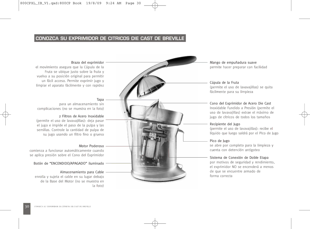 Breville 800CPXL manual Conozca SU Exprimidor DE Citricos DIE Cast DE Breville 