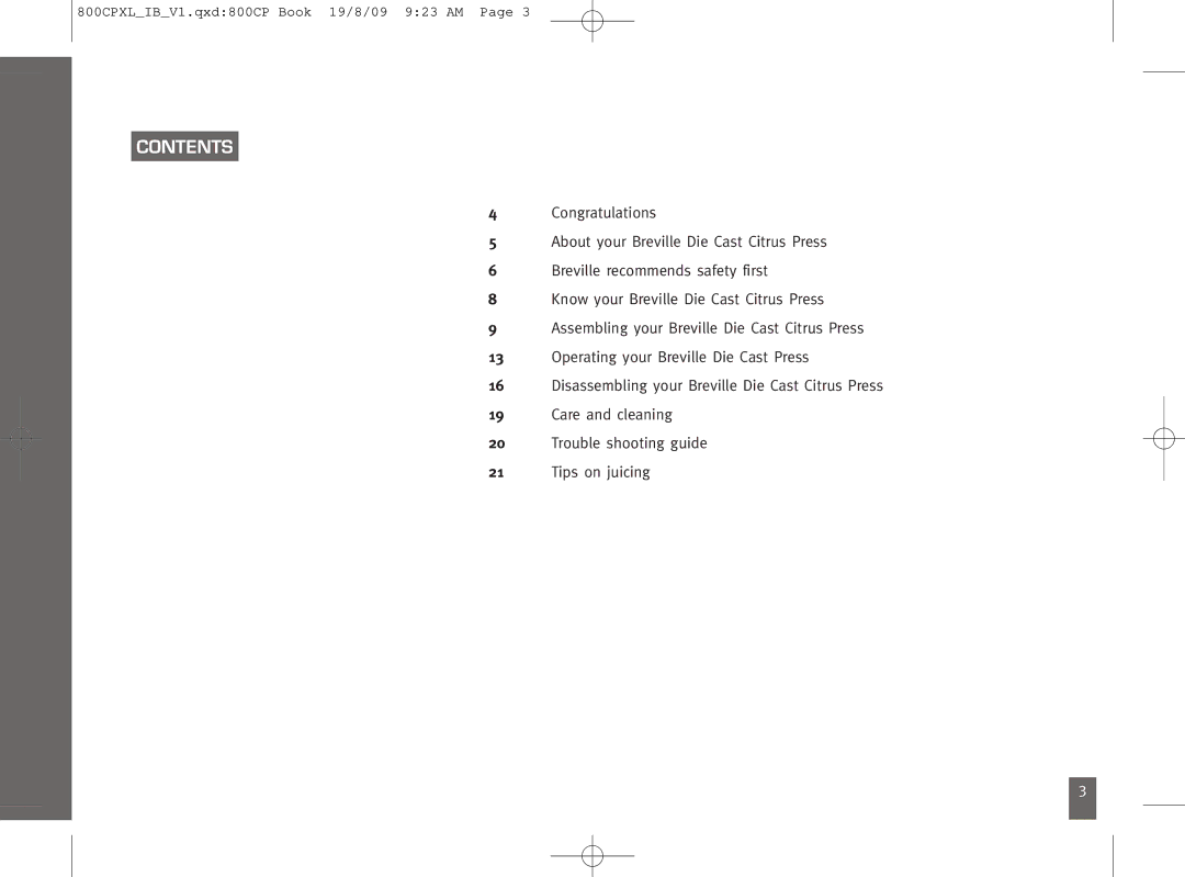 Breville 800CPXL manual Contents 