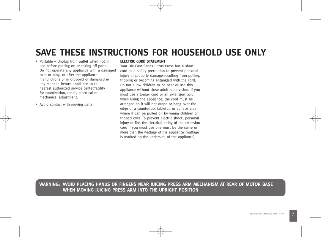 Breville 800CPXL manual Save These Instructions for Household USE only, Electric Cord Statement 