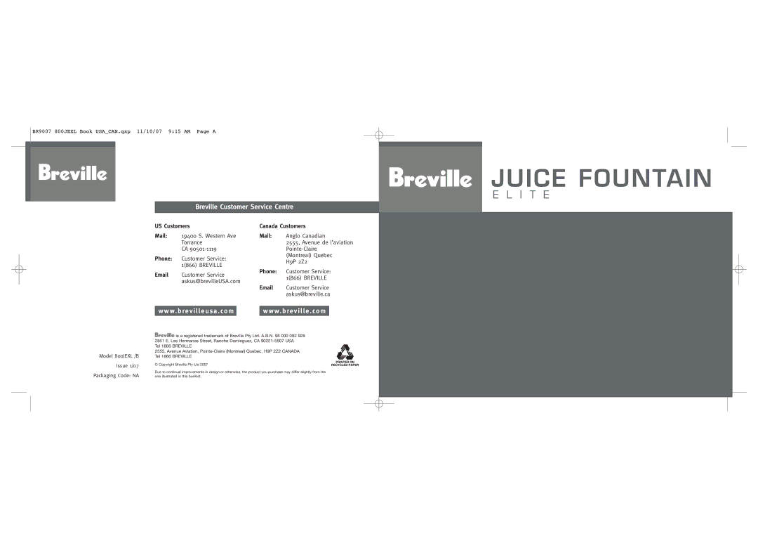 Breville 800JEXL /B manual Juice Fountain 