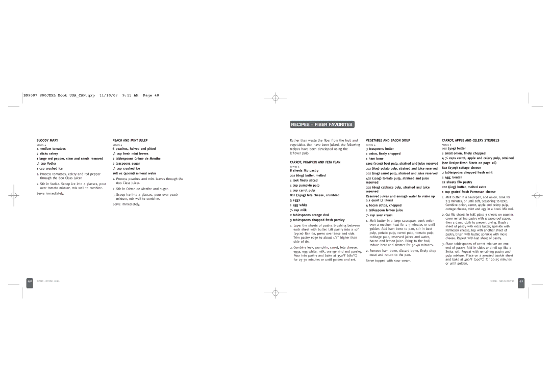 Breville 800JEXL /B Recipes Fiber Favorites, Bloody Mary, Vegetable and Bacon Soup, CARROT, Apple and Celery Strudels 