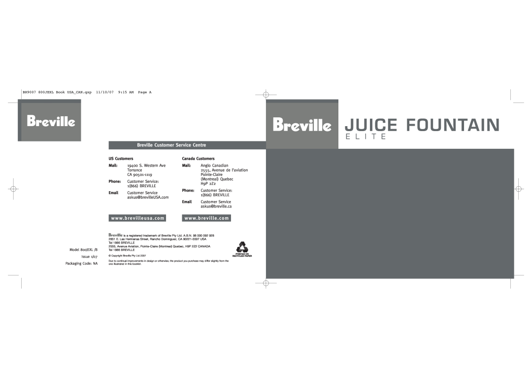 Breville 800JEXL /B manual Juice Fountain, E L I T E, Breville Customer Service Centre, US Customers, Canada Customers 