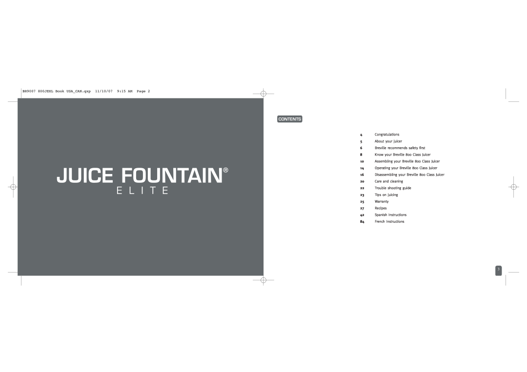 Breville 800JEXL /B manual Juice Fountain, E L I T E, Contents 