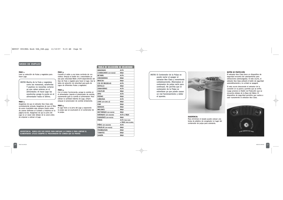 Breville 800JEXL /B Modo De Empleo, Tabla De Selección De Velocidad, BR9007 800JEXL Book USACAN.qxp 11/10/07 915 AM Page 