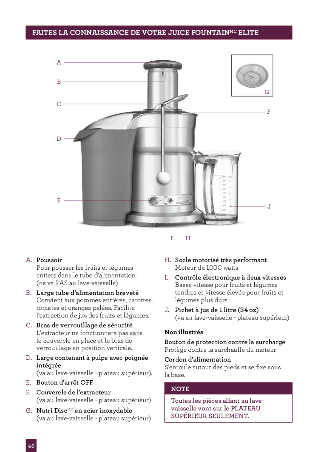 Breville 800JEXL manual Bouton d’arrêt OFF Couvercle de l’extracteur 