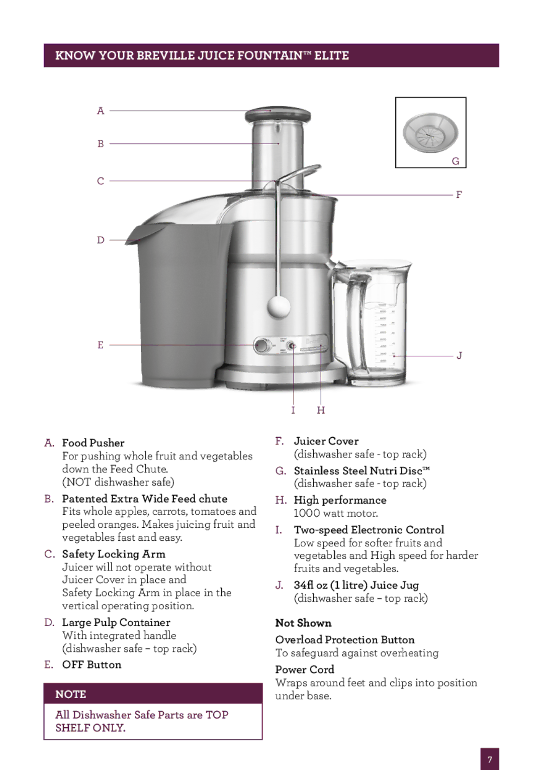 Breville 800JEXL manual Know your Breville Juice Fountain Elite, Patented Extra Wide Feed chute 