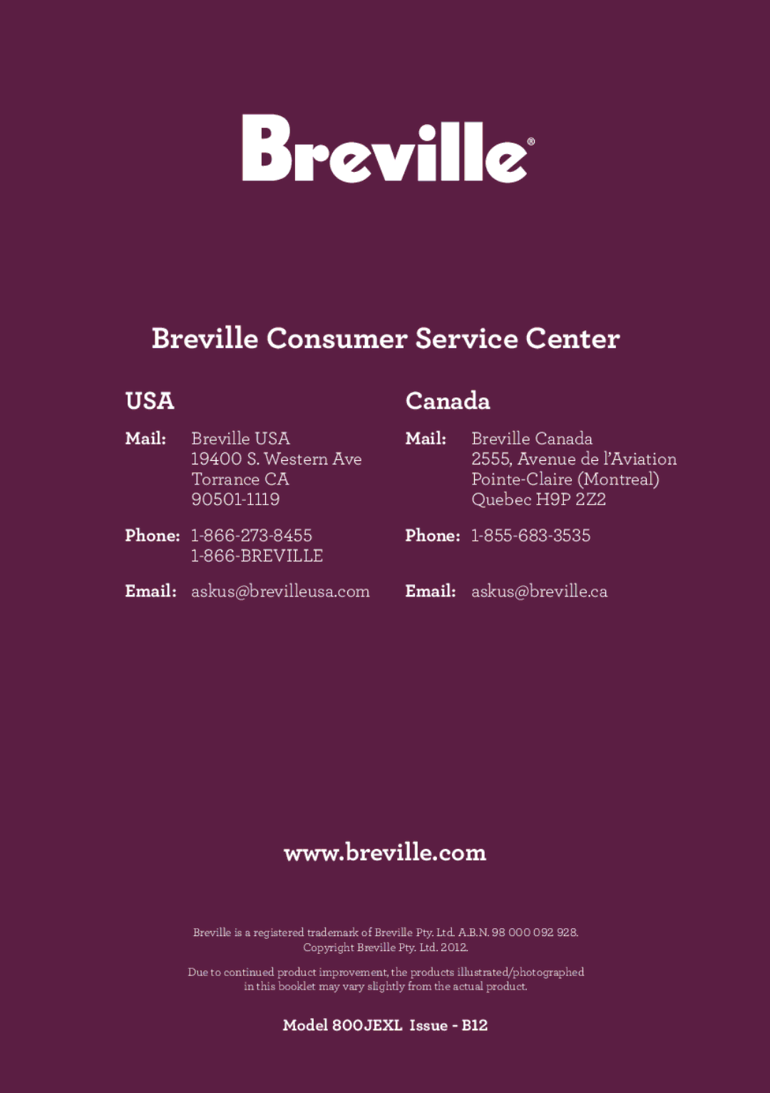 Breville 800JEXL manual Mail, Phone 