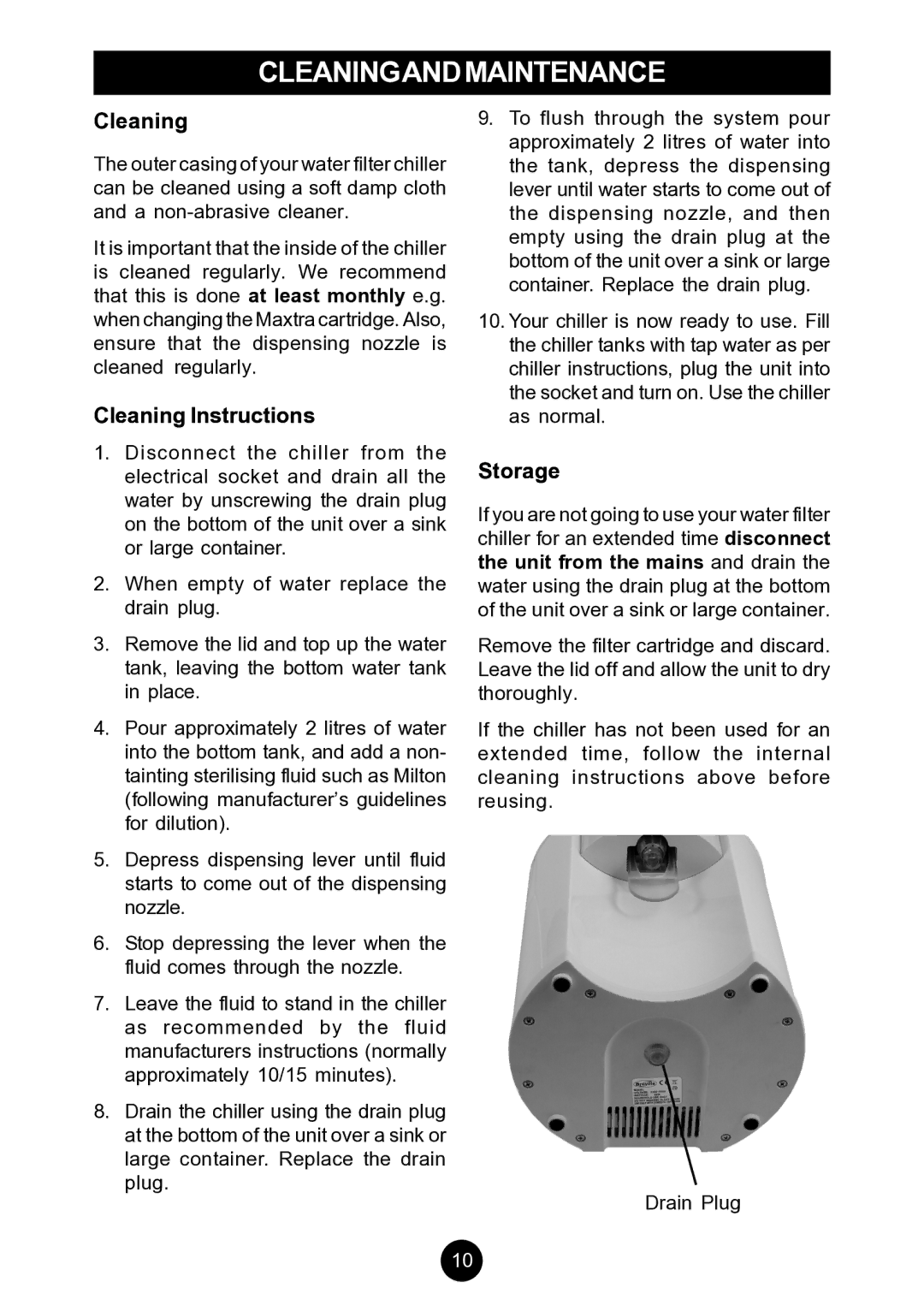 Breville AF5, AF6 manual Cleaningandmaintenance, Cleaning Instructions, Storage 