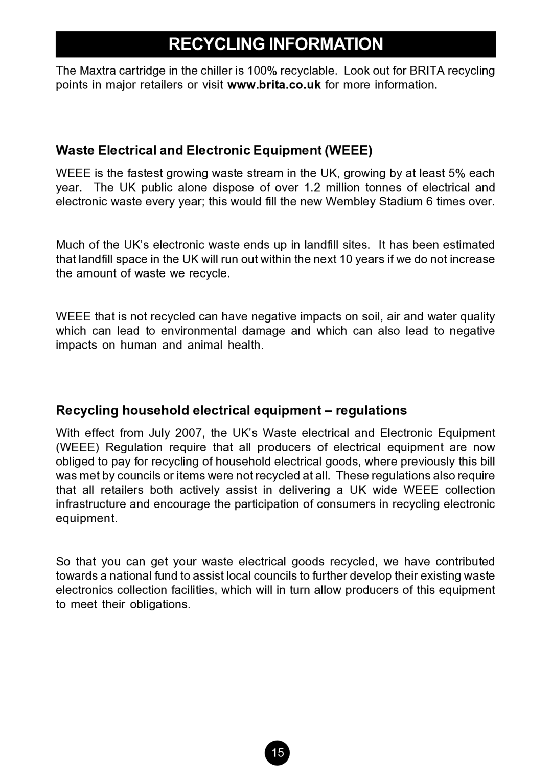 Breville AF6, AF5 manual Recycling Information, Waste Electrical and Electronic Equipment Weee 