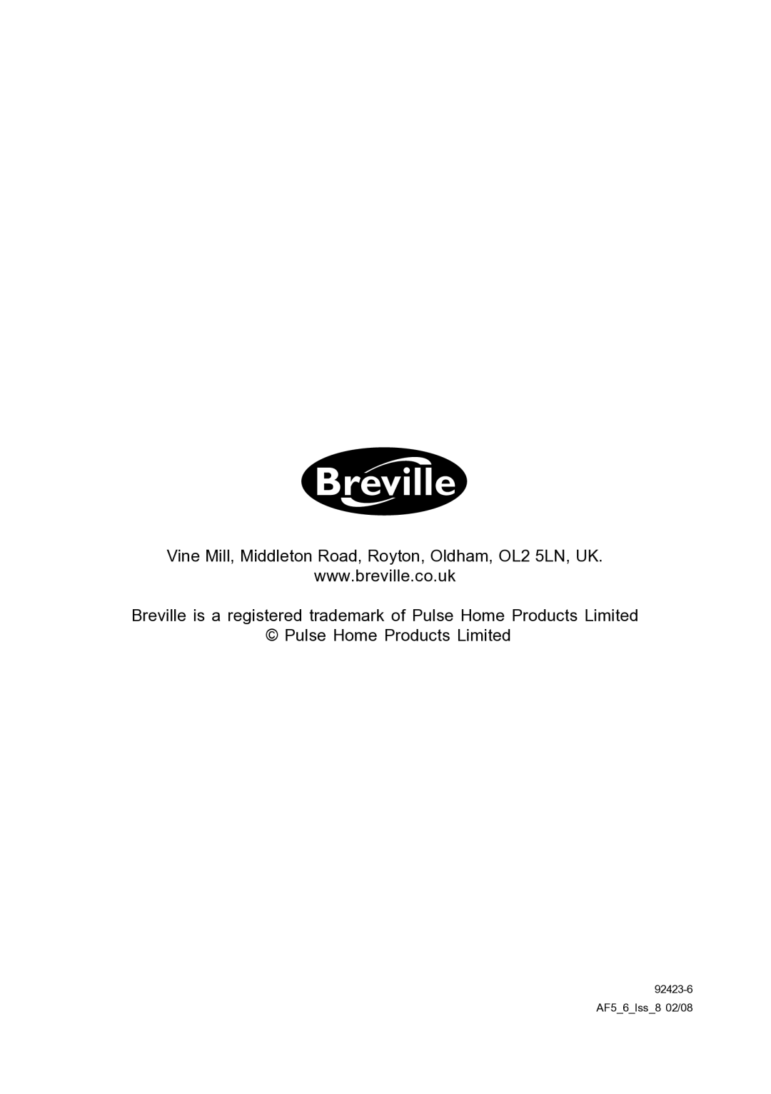 Breville AF6 manual 92423-6 AF56Iss8 02/08 