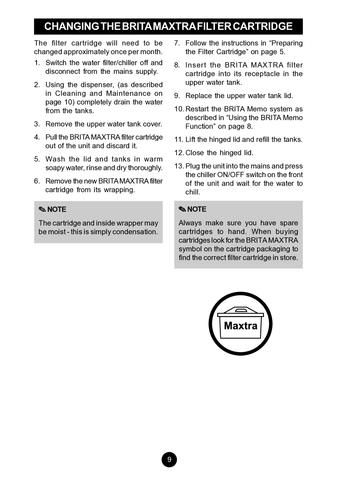 Breville AF6, AF5 manual Changingthebritamaxtrafiltercartridge 