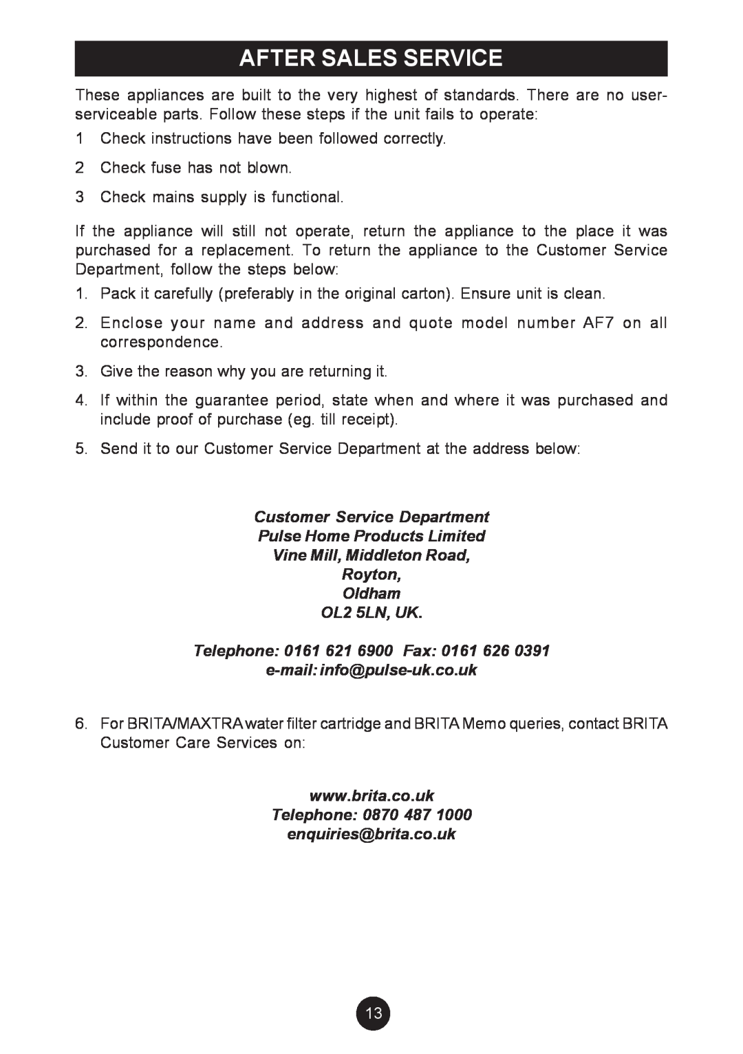 Breville AF6, AF5 manual After Sales Service, Customer Service Department Pulse Home Products Limited 