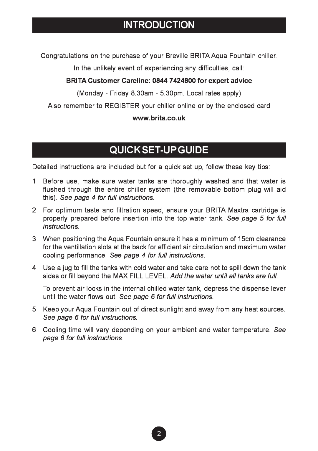 Breville AF5, AF6 manual Introduction, Quickset-Upguide, BRITA Customer Careline 0844 7424800 for expert advice 