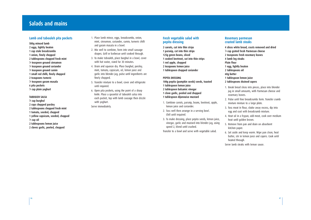 Breville BBL200 manual Salads and mains, Lamb and tabouleh pita pockets, Tabouleh Salsa, Serve immediately, Pepita Dressing 