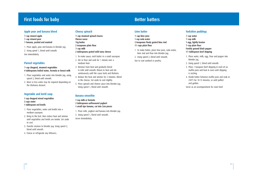 Breville BBL200 manual First foods for baby Better batters 