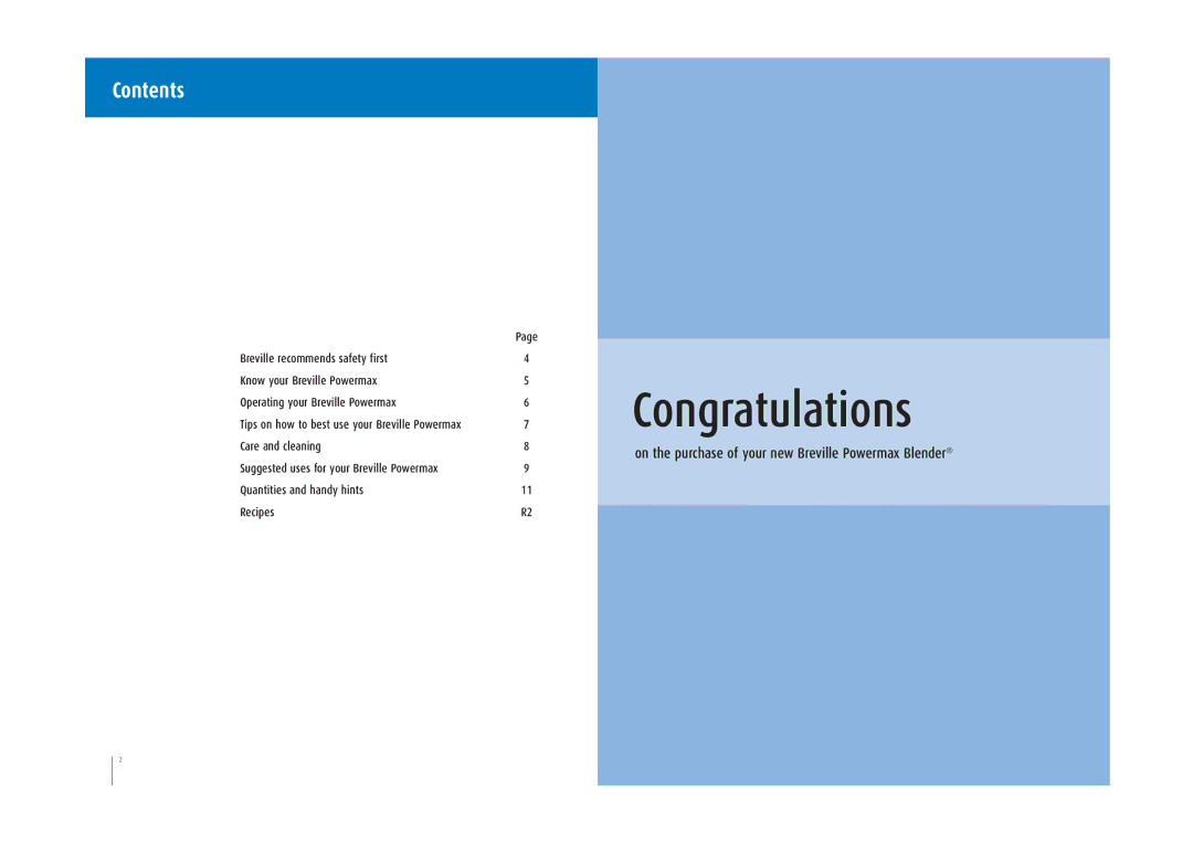 Breville BBL200 manual Congratulations, Contents 