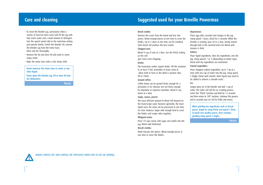 Breville BBL200 manual Care and cleaning Suggested used for your Breville Powermax 