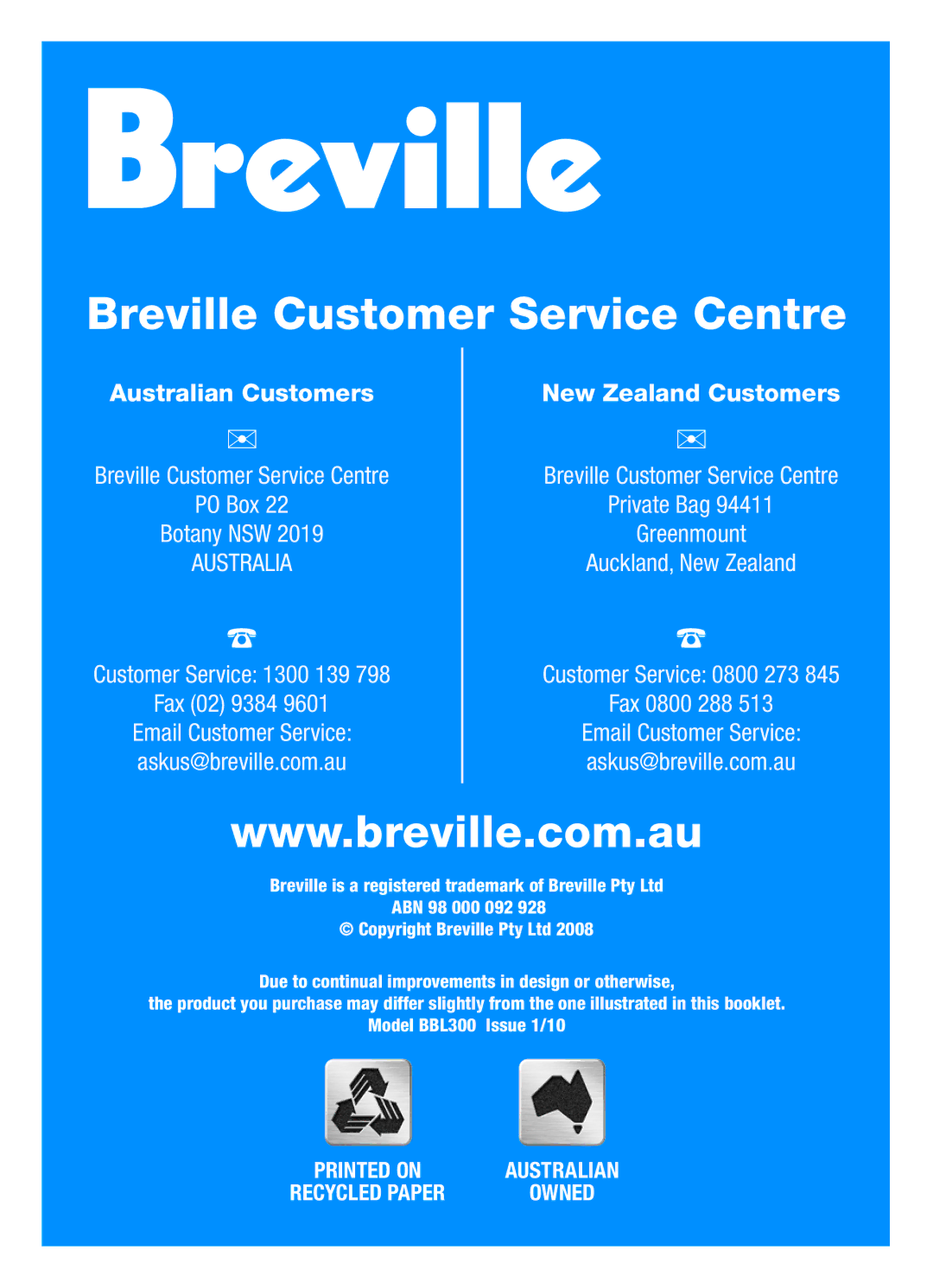 Breville BBL300 manual Breville Customer Service Centre 