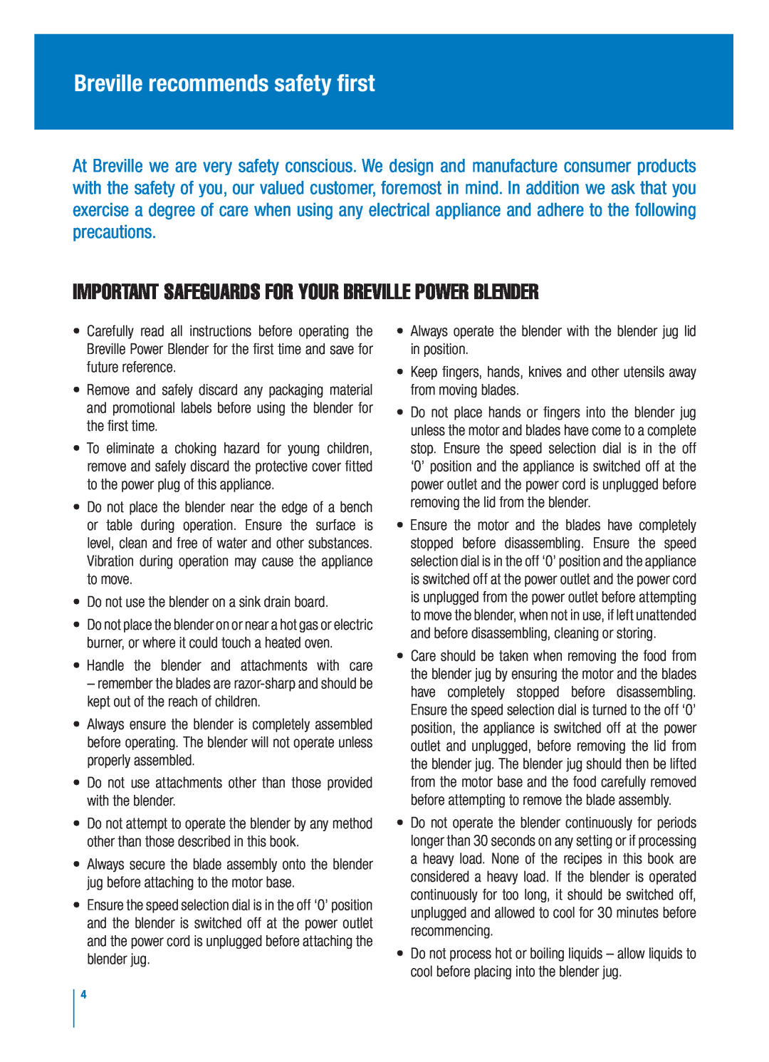 Breville BBL300 manual Breville recommends safety first, IMPORTANT SAFEGUARDS FOR YOUR BREVILLE power blender 
