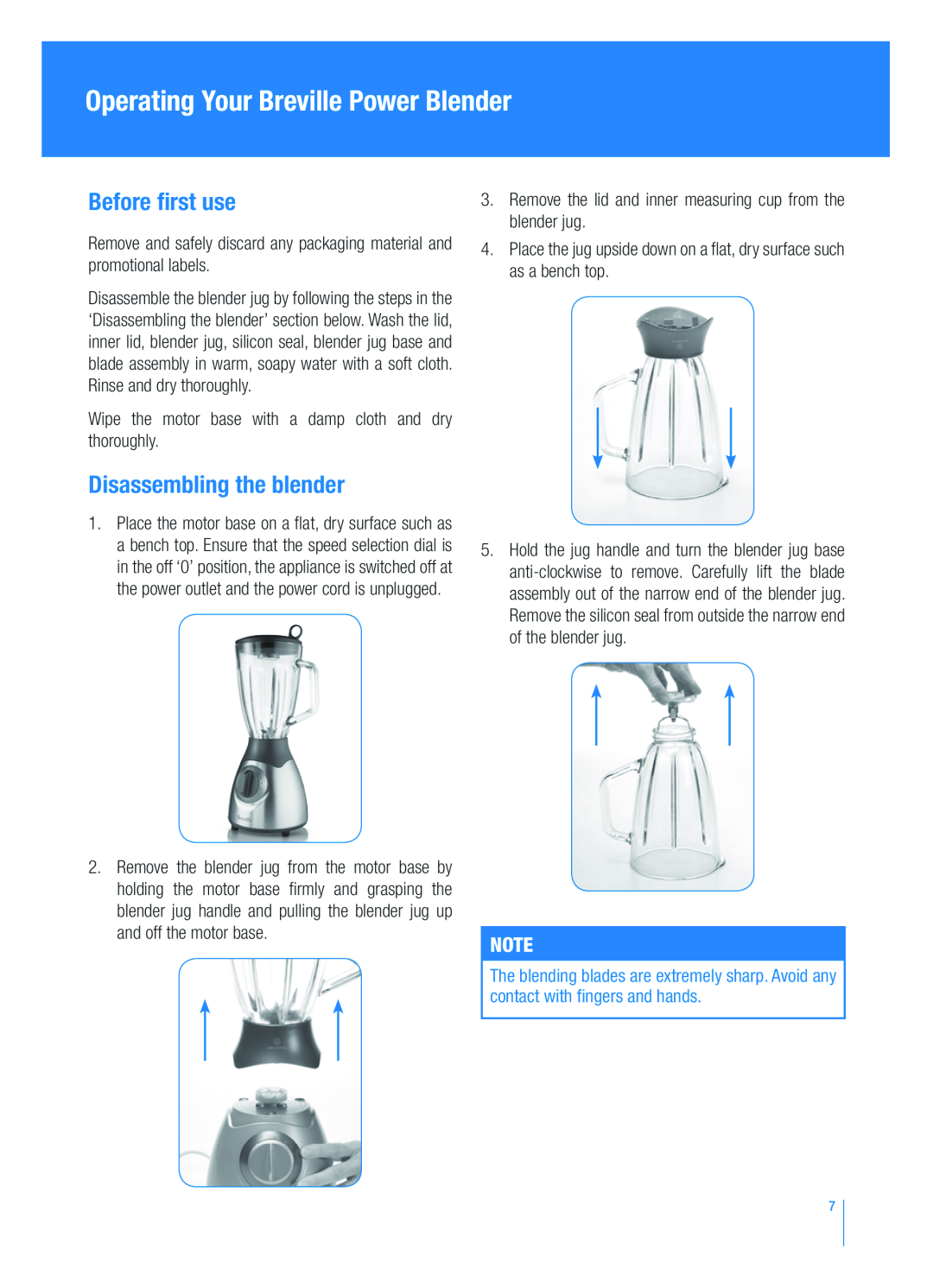 Breville BBL300 manual Operating Your Breville Power Blender, Before first use, Disassembling the blender 
