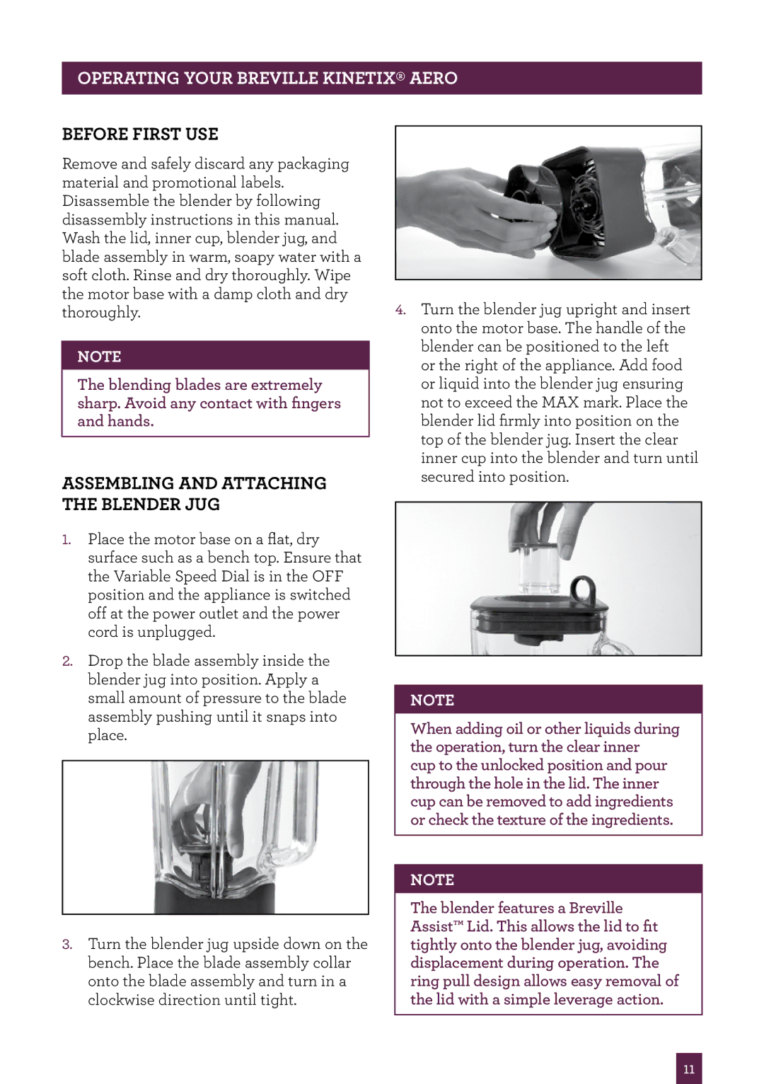 Breville BBL420 brochure Operating your Breville Kinetix Aero, Before first use, Assembling and attaching the blender jug 