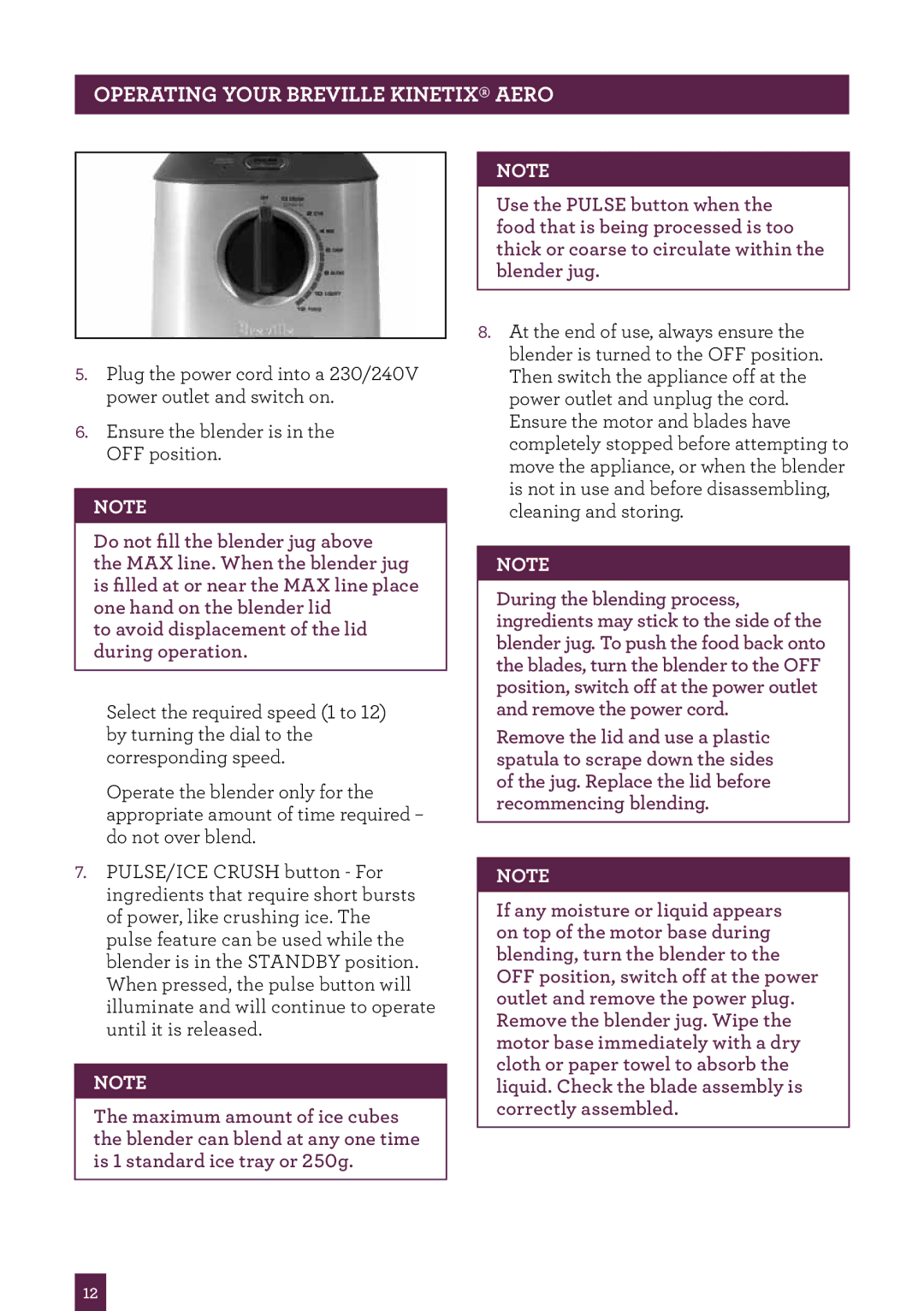 Breville BBL420 brochure Operating your Breville Kinetix Aero 