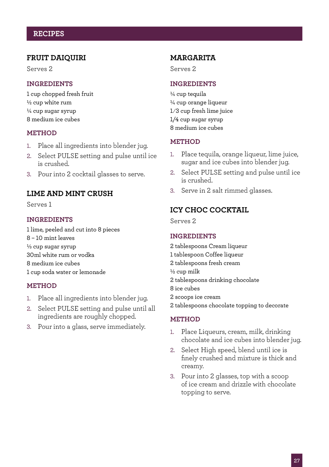 Breville BBL420 brochure Fruit Daiquiri, Lime and Mint Crush, Margarita, ICY Choc cocktail 