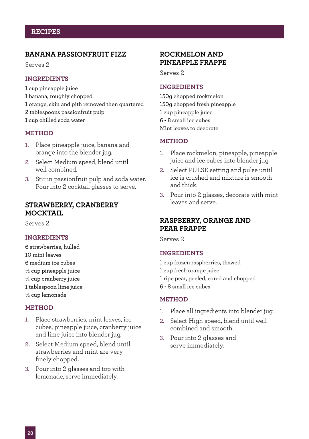 Breville BBL420 brochure Banana Passionfruit Fizz, STRAWBERRY, Cranberry Mocktail, Rockmelon Pineapple Frappe 