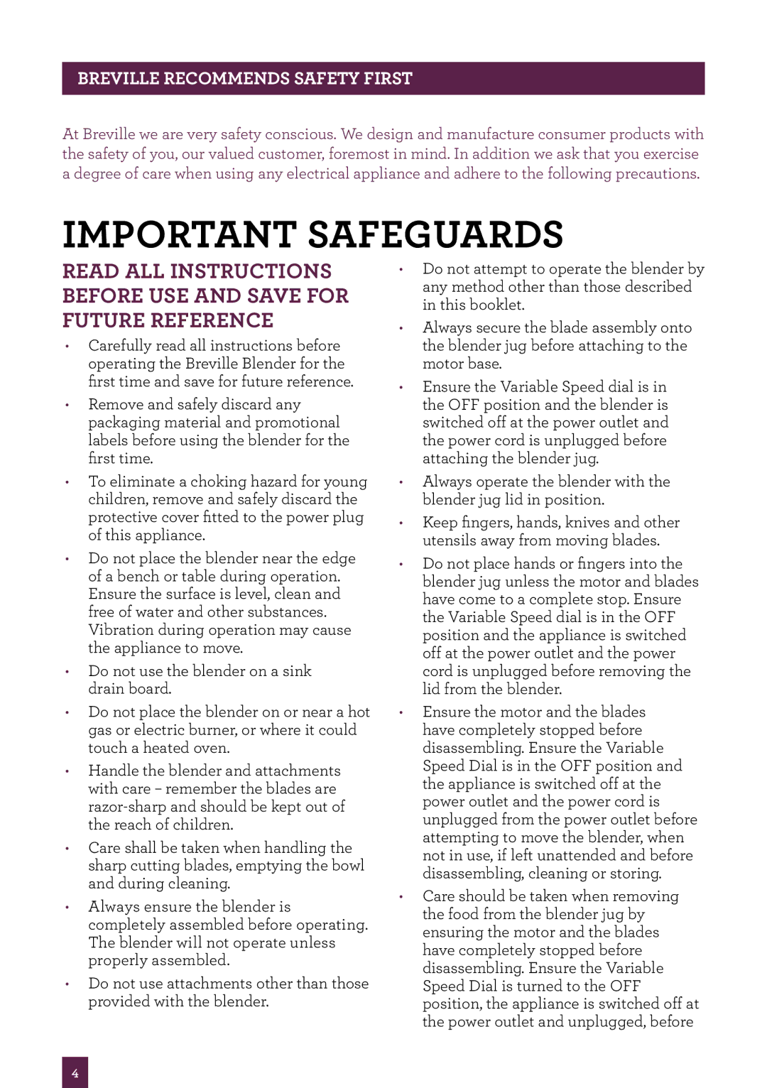 Breville BBL420 brochure Important safeguards, Breville recommends safety first 