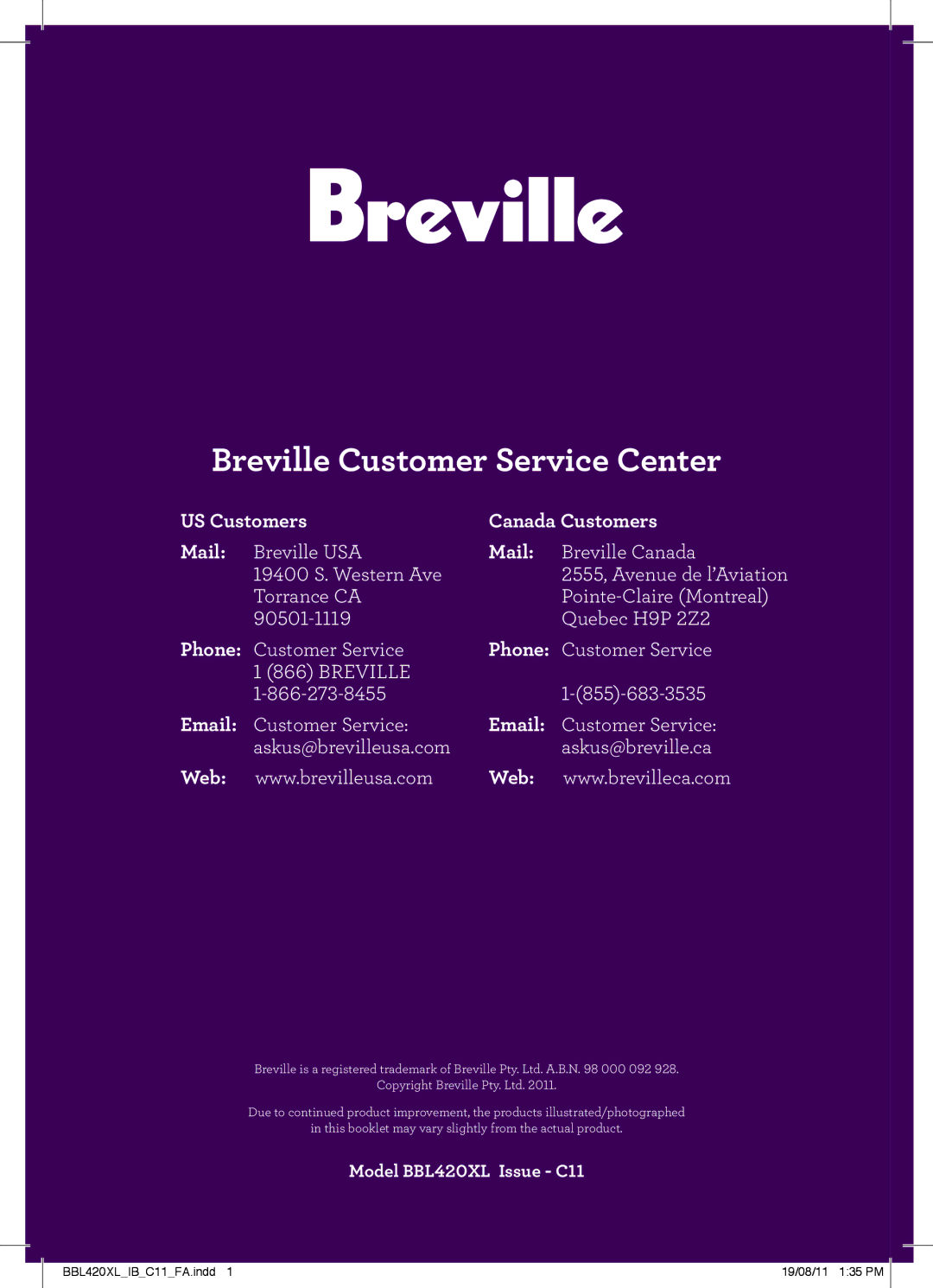 Breville BBL420XL manual US Customers Canada Customers Mail, Web 