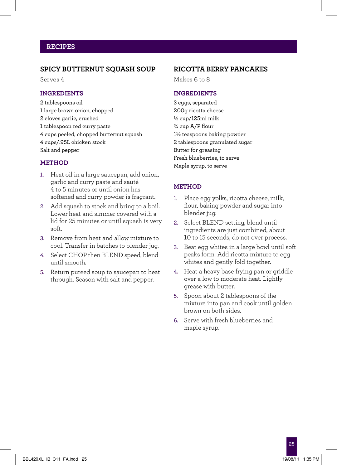 Breville BBL420XL manual Spicy Butternut Squash Soup, Ricotta Berry Pancakes 