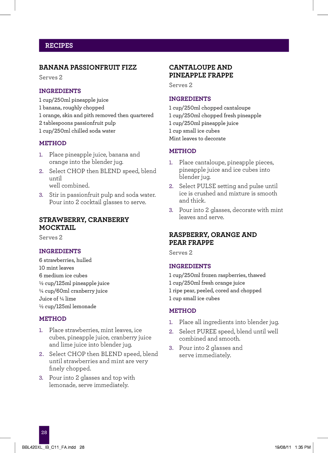 Breville BBL420XL manual Banana Passionfruit Fizz, STRAWBERRY, Cranberry Mocktail, Cantaloupe, Pineapple Frappe 