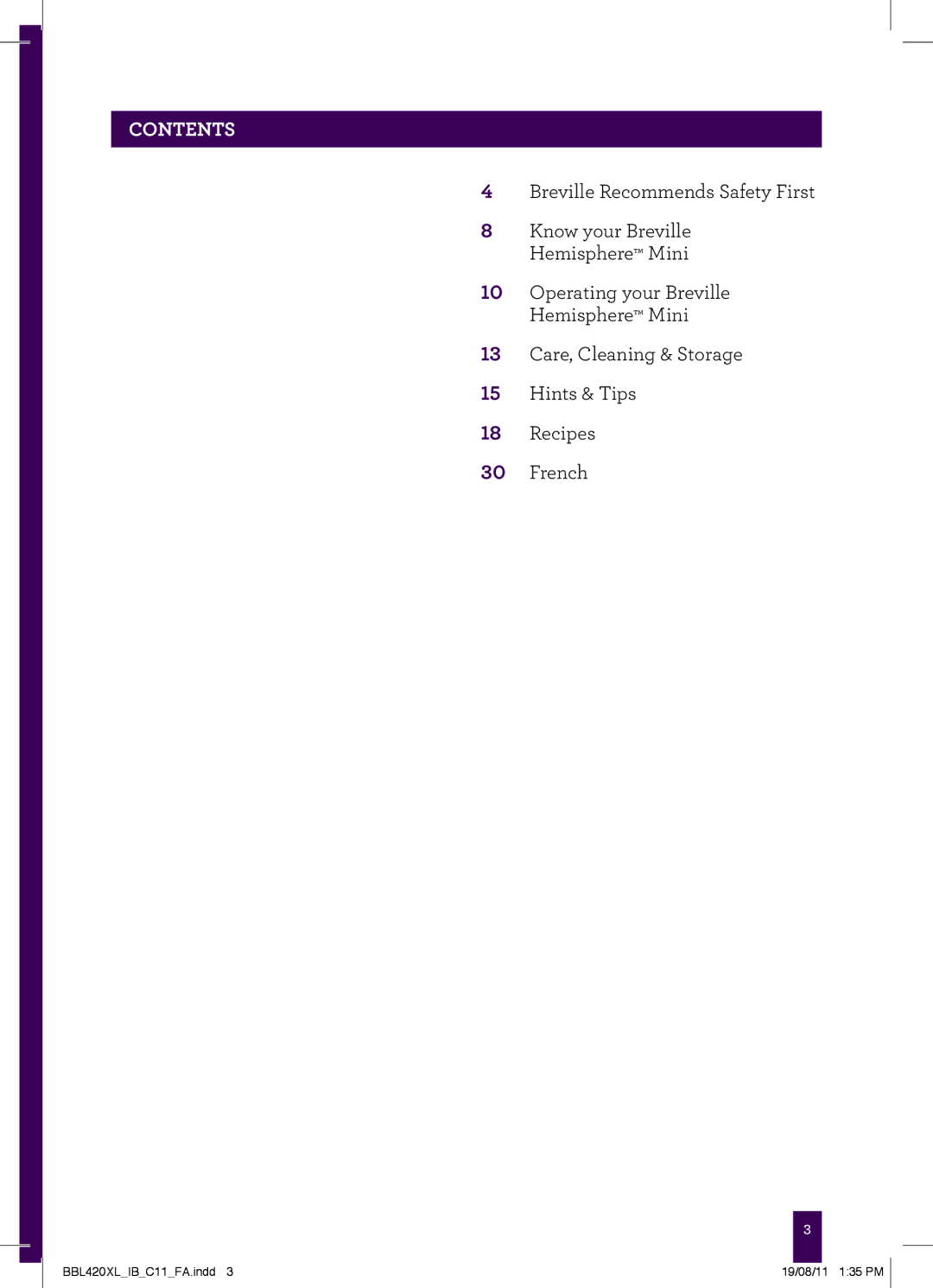 Breville BBL420XL manual Contents 