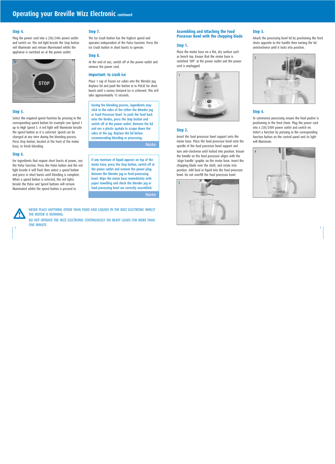 Breville BBL500 manual Important to crush ice 